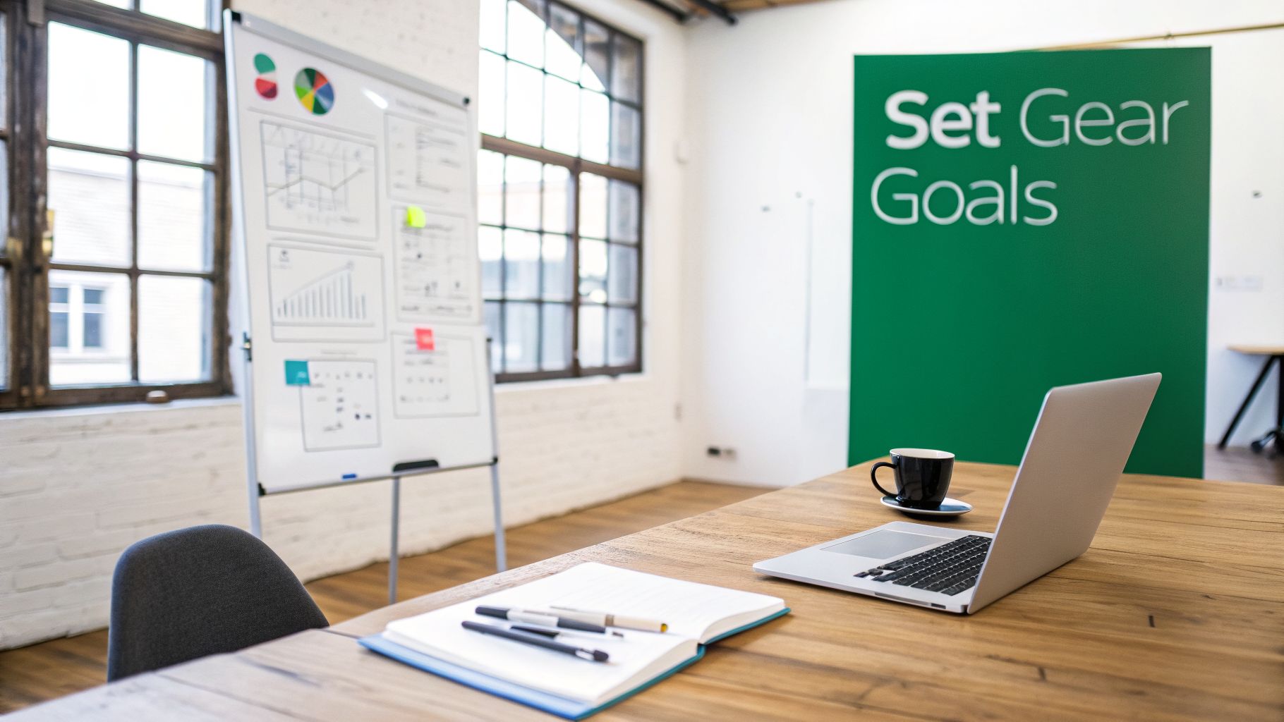 A modern office workspace featuring a laptop, coffee, notebook, and a whiteboard with charts.