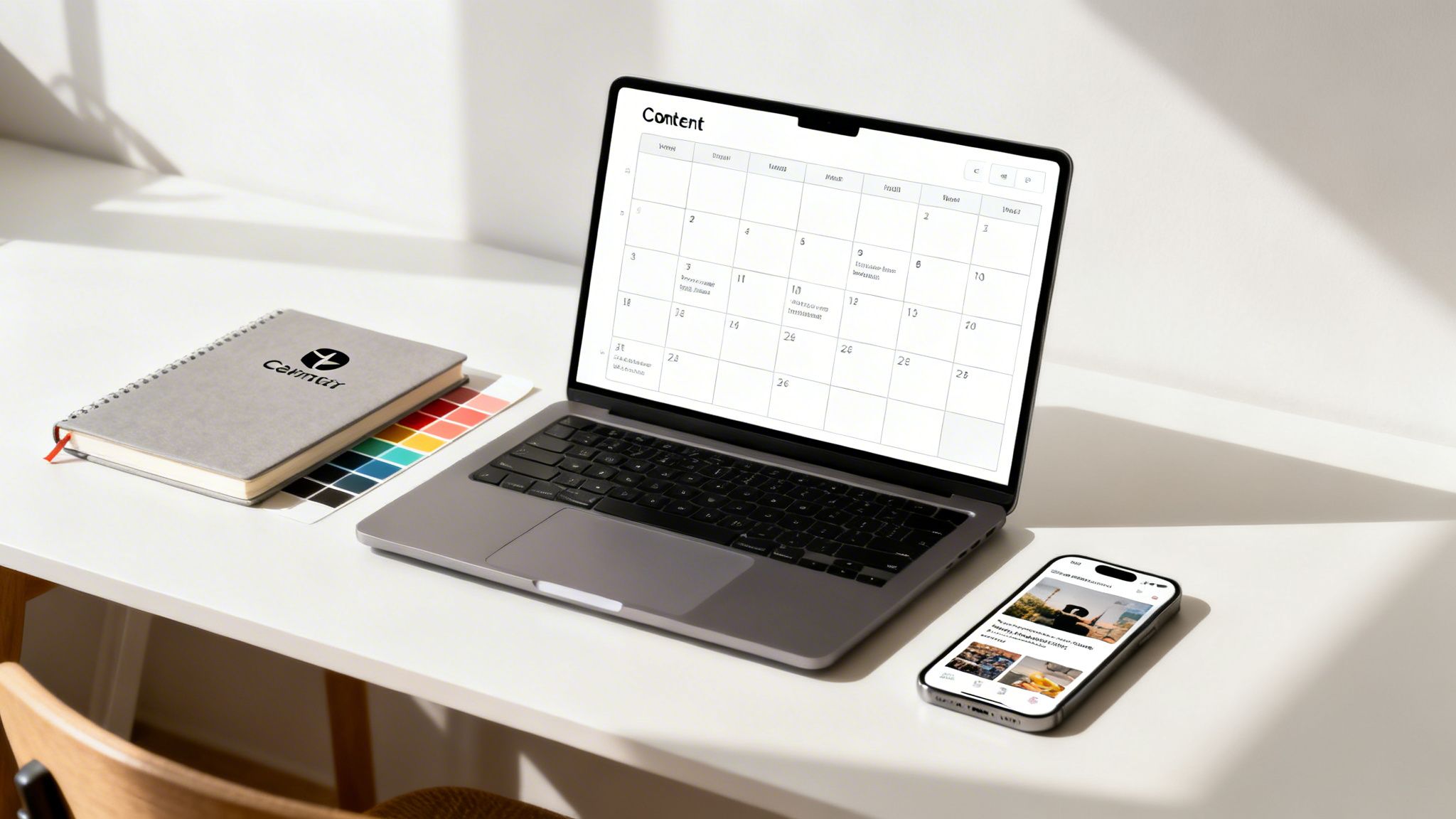 A clean modern workspace with a laptop showing a content calendar, a branded notebook, and a smartphone.