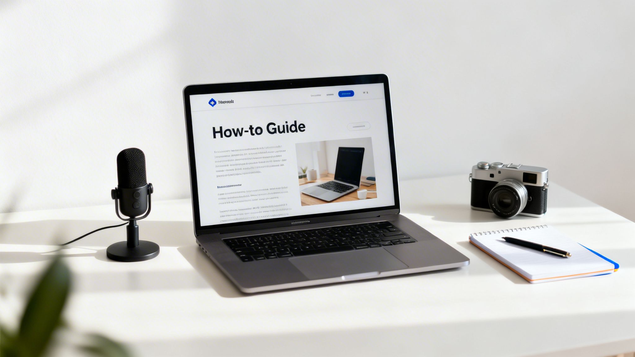 A bright desk with a laptop displaying a 'How-to Guide', a microphone, camera, and notebook.