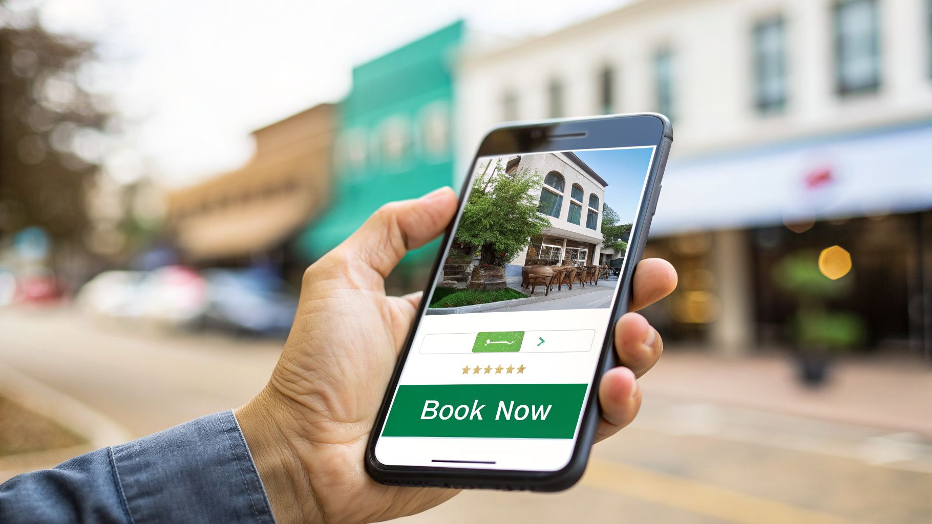 A person holds a smartphone displaying a booking app with a building and a 'Book Now' button.