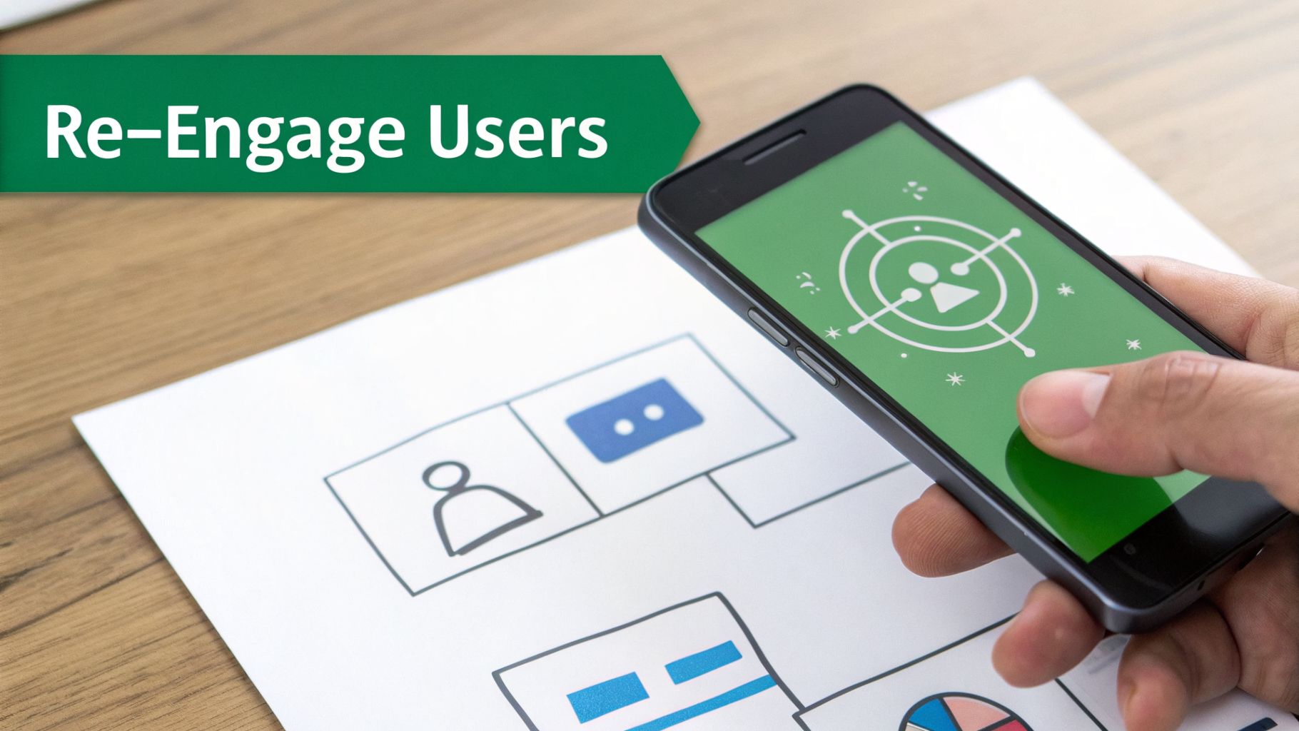 A hand holds a smartphone with a user targeting icon, next to UI sketches and 'Re-Engage Users' text.