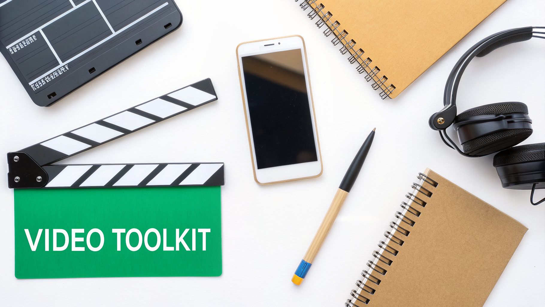A flat lay of video toolkit items including a clapperboard, smartphone, headphones, pen, and notebooks.