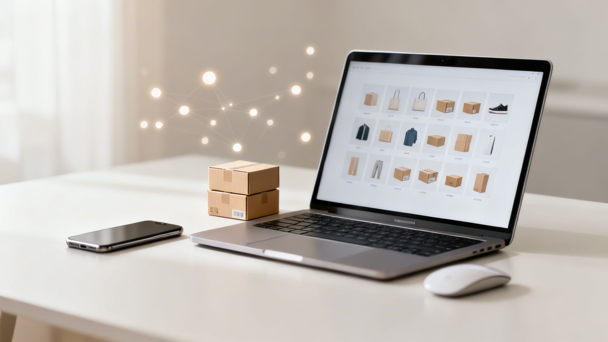 What is magento software? Laptop displaying an online store, with small delivery boxes, smartphone, and mouse on a white desk, symbolizing e-commerce.