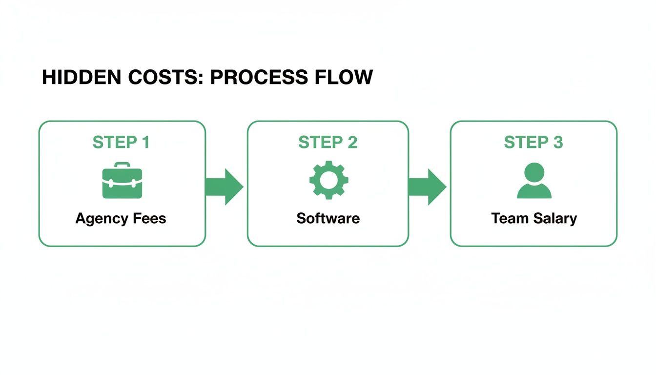 Process flow diagram illustrating hidden costs: Agency Fees, Software, and Team Salary, connected by arrows.