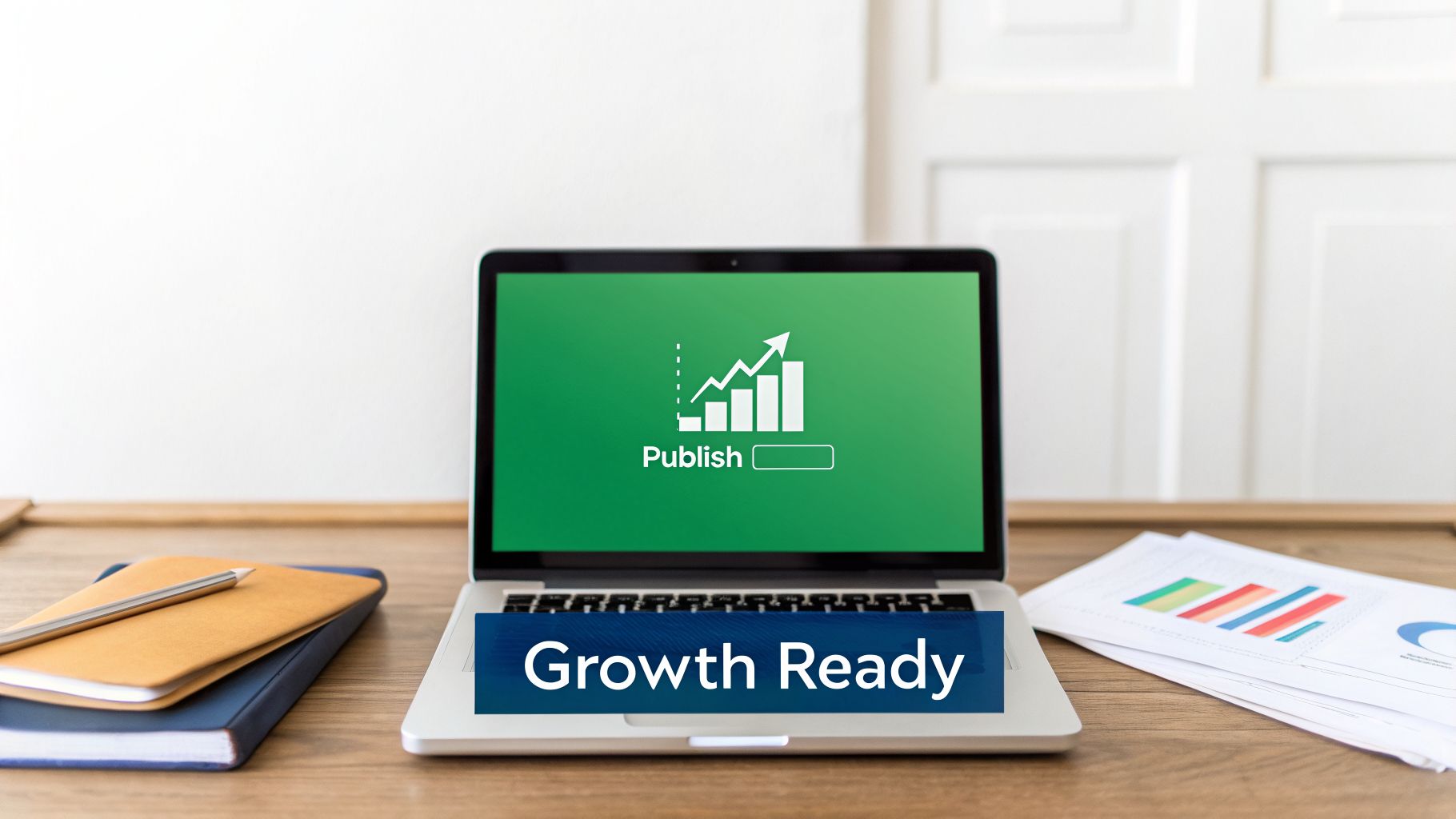 Laptop on a wooden desk with a green screen showing a growth graph and 'Publish' text, a 'Growth Ready' banner overlays the laptop.