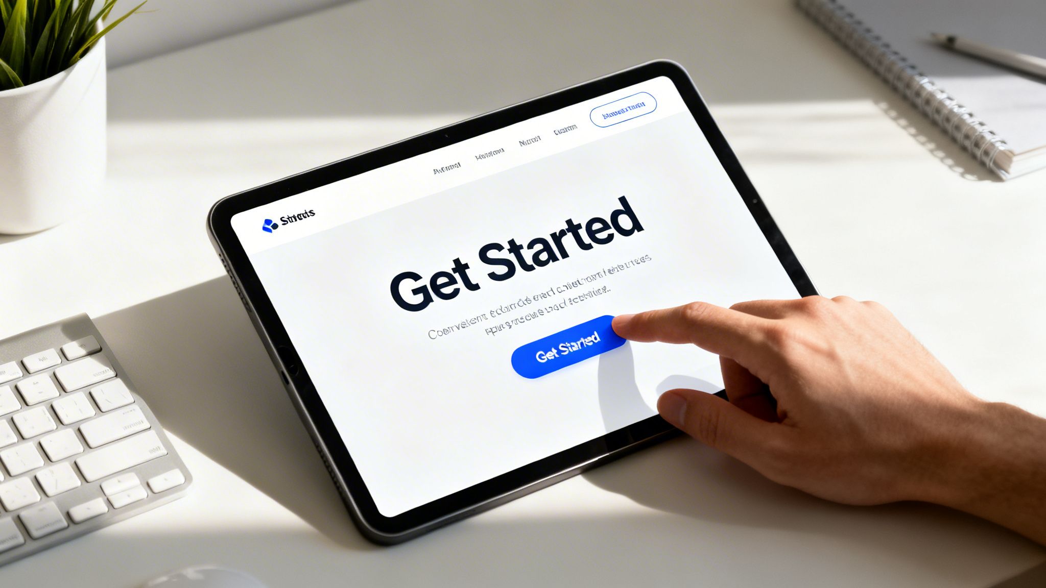 How to Grow My Business Online: Close-up of a hand tapping a tablet displaying a 'Get Started' screen on a modern desk.