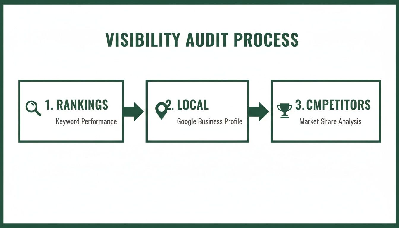 Flowchart showing a 3-step visibility audit process: Rankings, Local SEO, and Competitor Analysis.