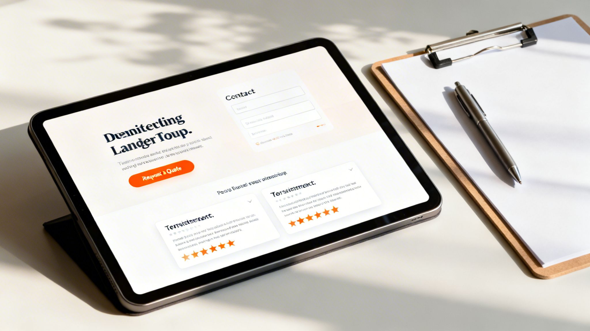 A tablet displaying a lead generation website with a contact form and testimonials, alongside a clipboard and pen.