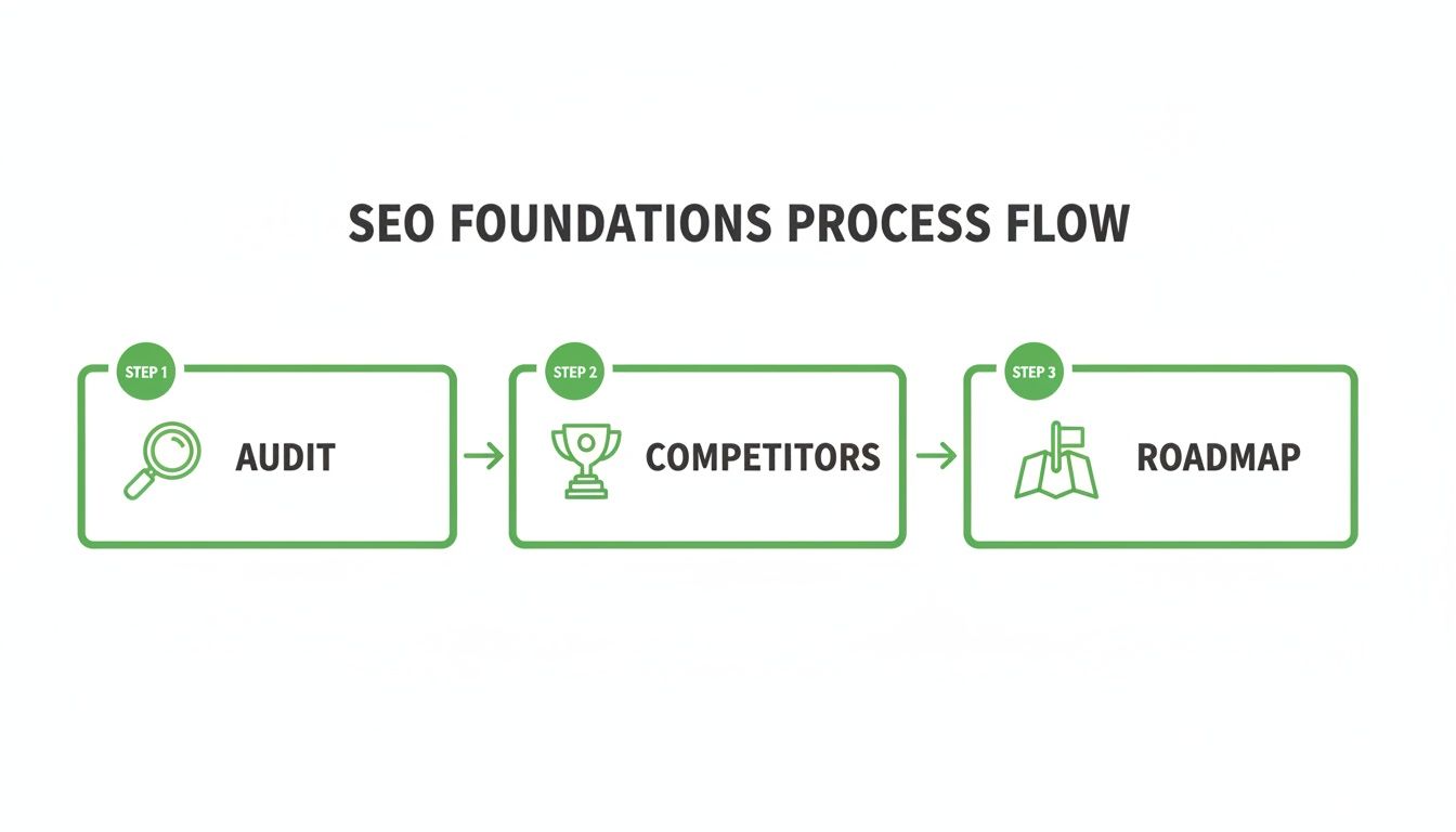 SEO foundations process flow diagram showing three steps: audit, competitors, and roadmap.