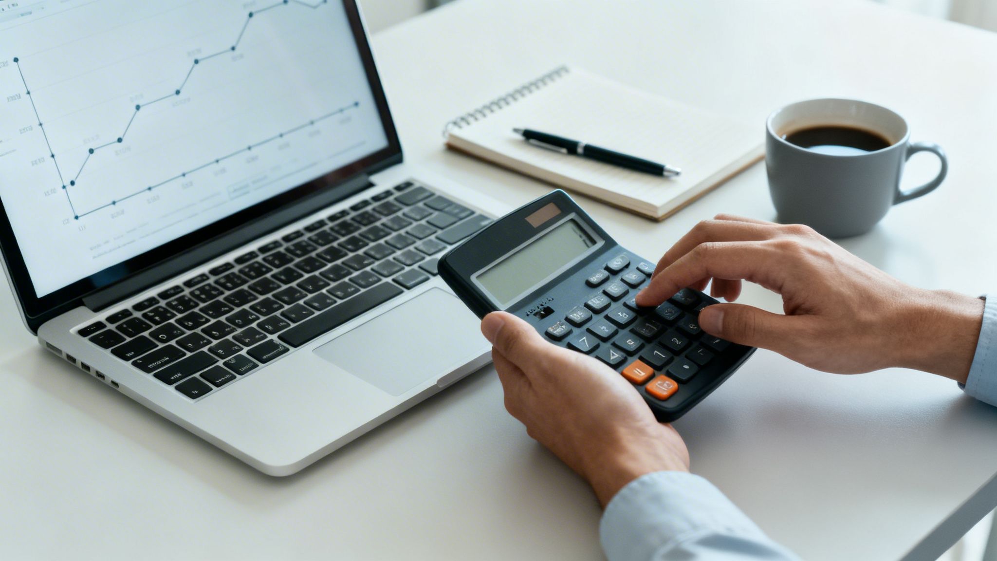 Person's hands using a calculator, with a laptop showing a graph, notebook, and coffee cup.