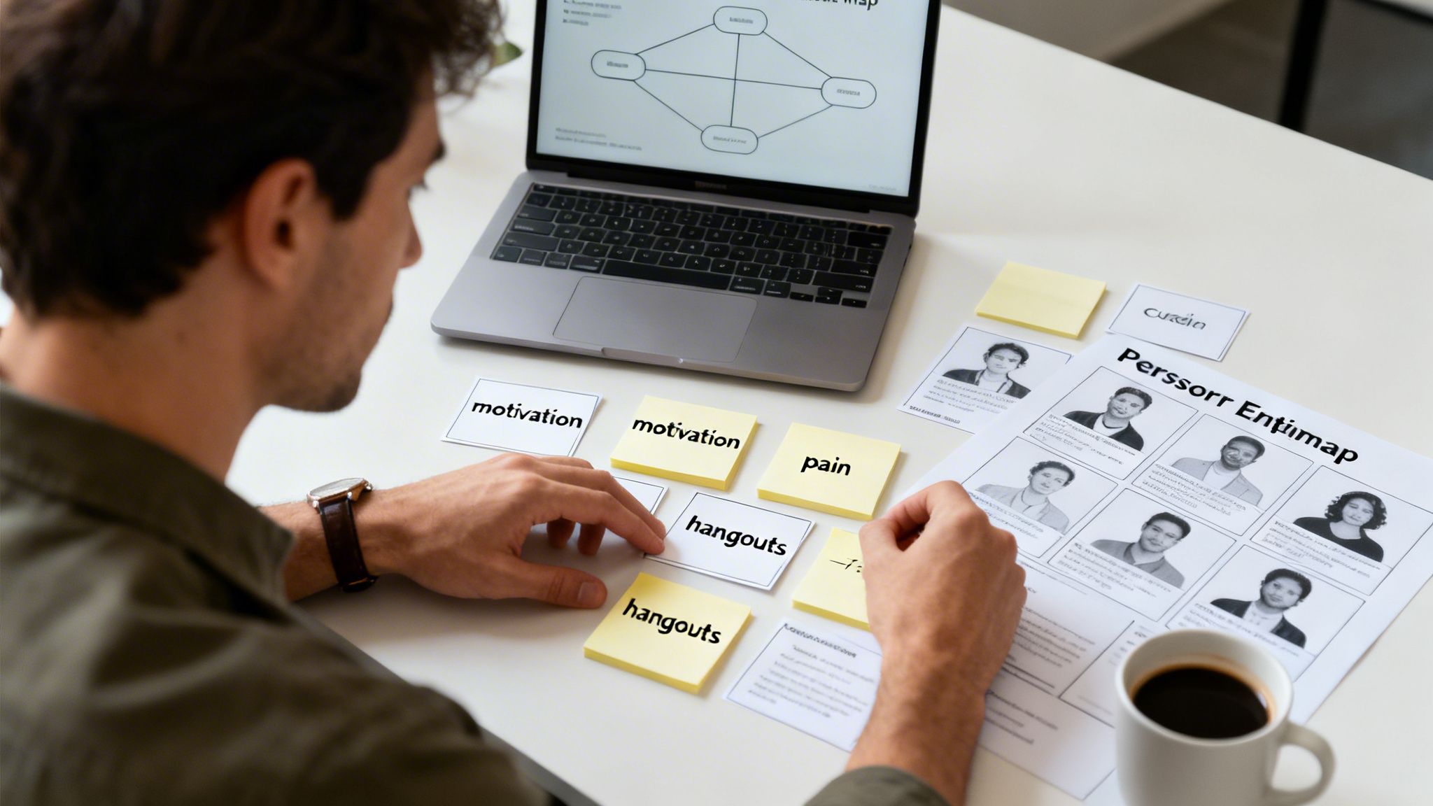 A person works on a laptop, arranging sticky notes with keywords and a persona map for a strategy session.
