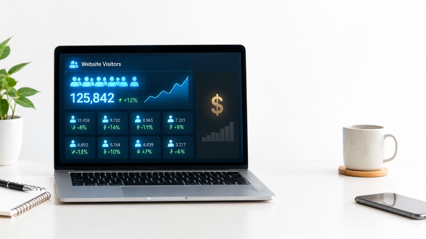 A modern laptop on a white desk displaying a digital dashboard with website visitor analytics.