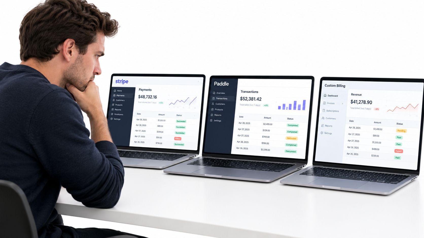 A man thoughtfully analyzing financial subscription revenue data across three laptop screens displaying various payment platforms.