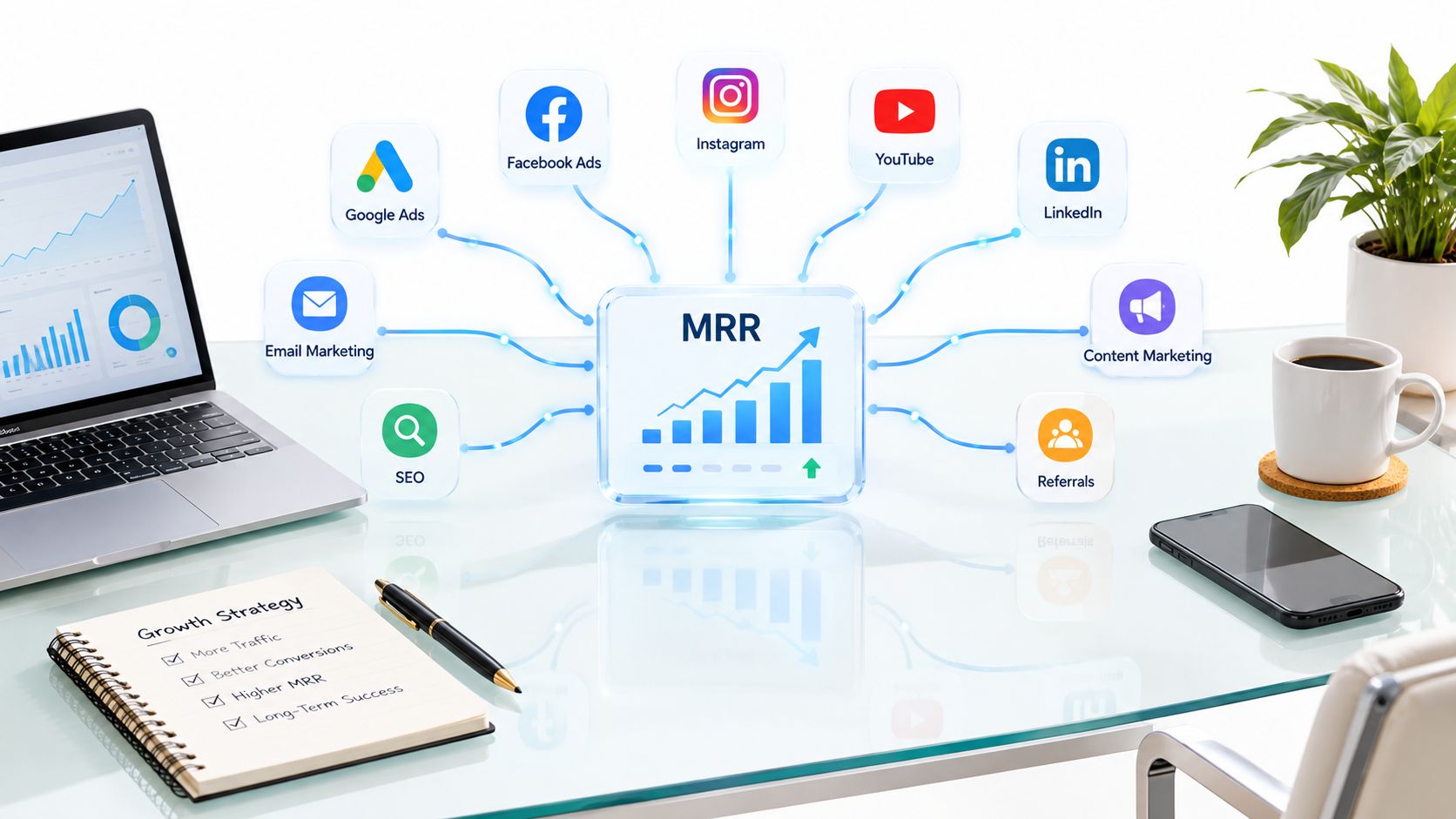 A digital desk workspace showing a laptop and various digital marketing icons connecting to a central MRR growth graphic.