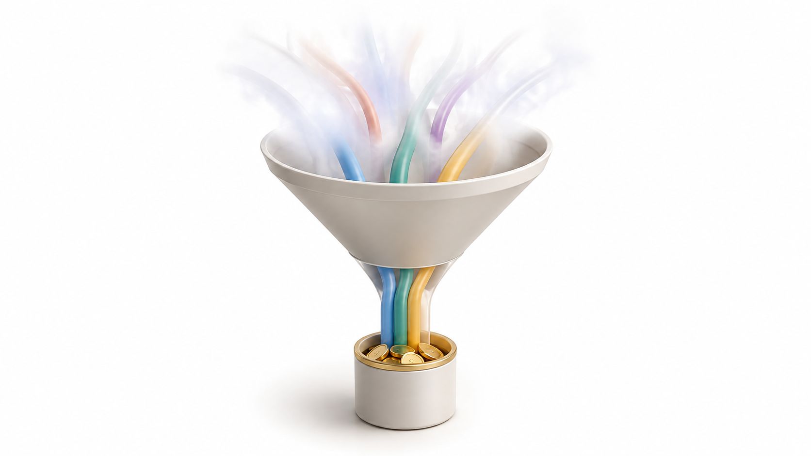 A conceptual funnel illustration showing various colored data lines merging into a single base of gold coins.