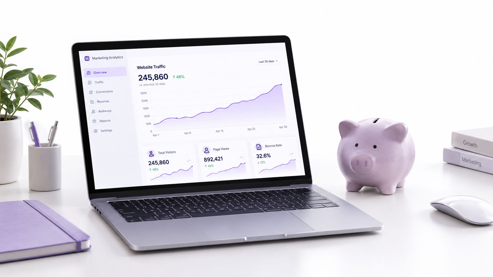 A modern laptop displaying marketing analytics software on a clean office desk with a piggy bank.