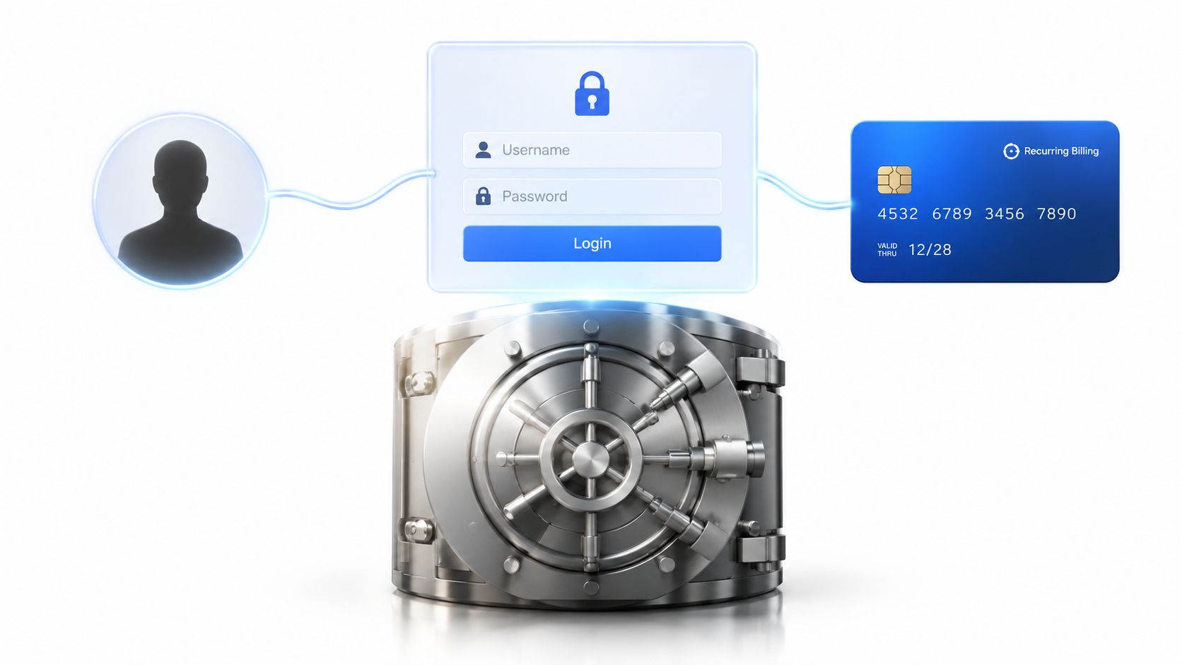 A digital graphic depicting a secure login portal connecting a user profile to credit card payment details.
