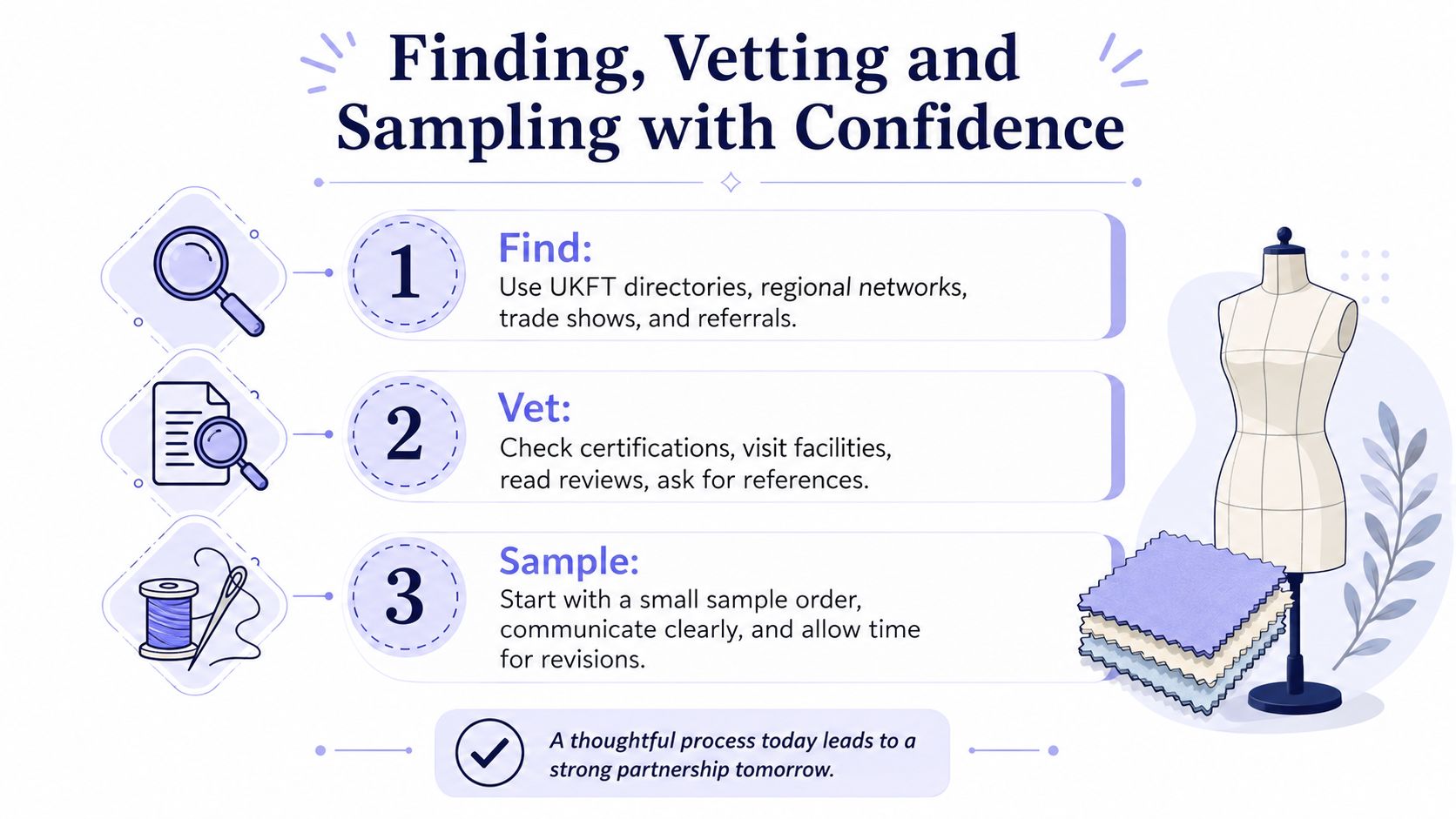 An infographic titled Finding, Vetting and Sampling with Confidence illustrating a three-step guide for fashion manufacturers.