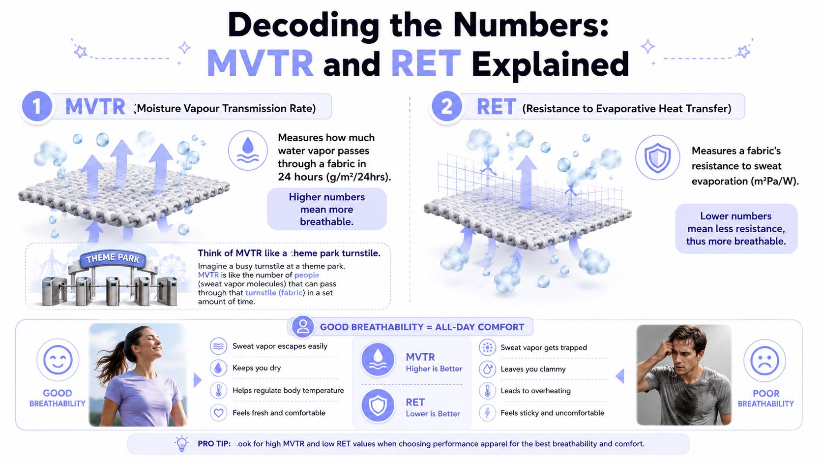 An infographic explaining MVTR and RET ratings for understanding fabric breathability and moisture management performance.