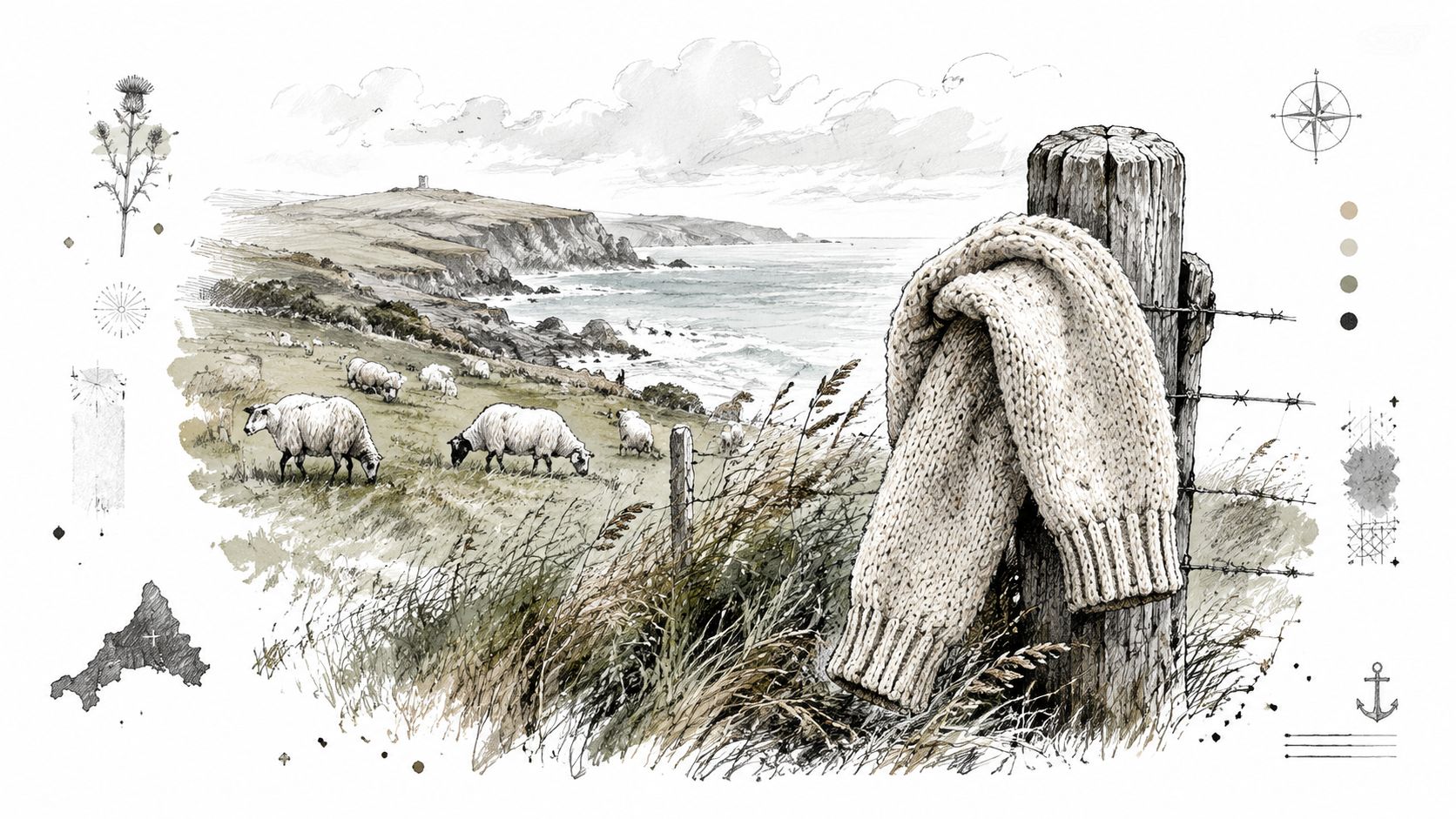 A detailed illustration of an organic wool jumper draped over a fence near coastal grazing sheep.