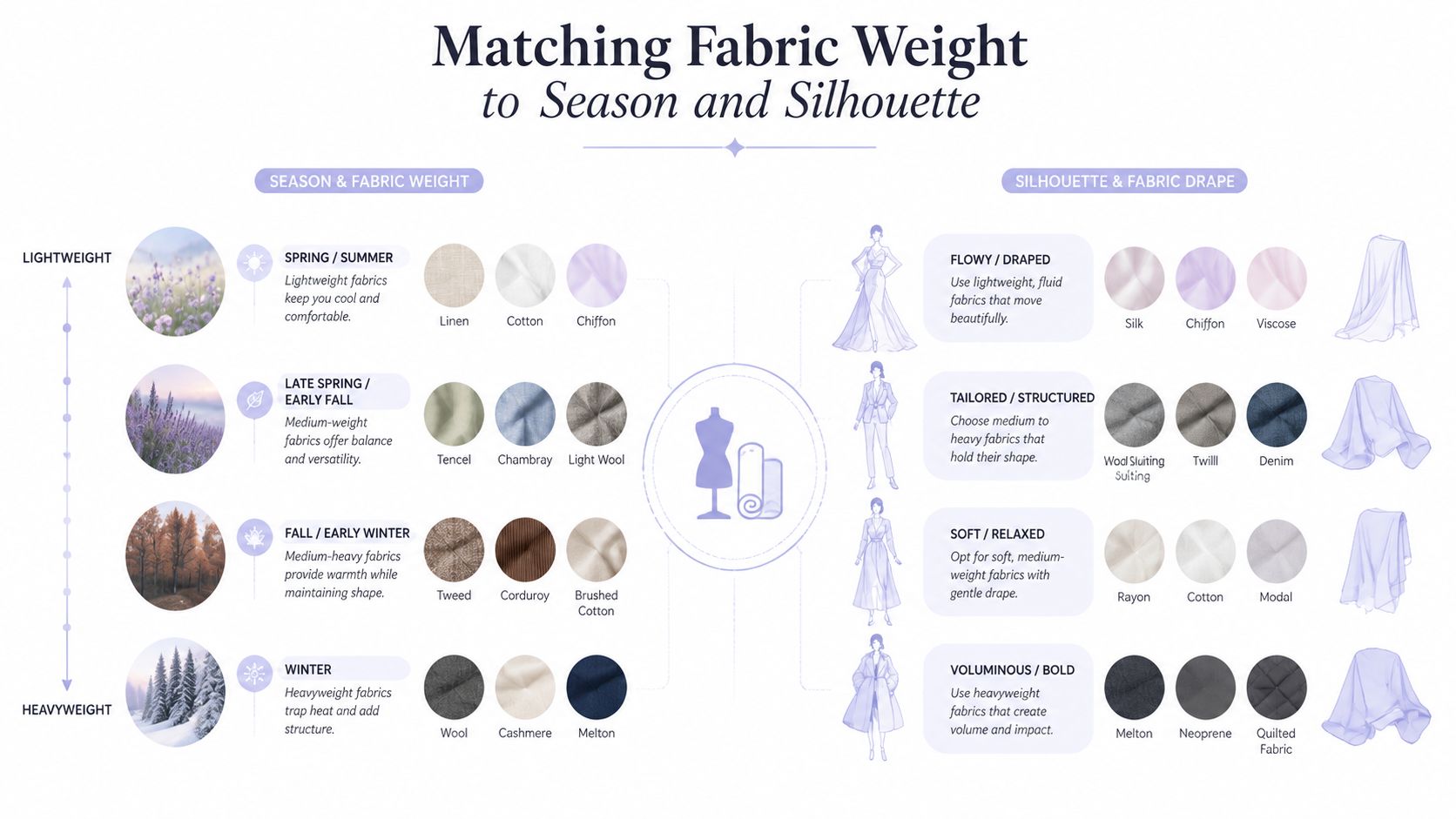 An infographic illustrating how to match fabric weight, seasonal changes, and garment silhouettes for clothing design.
