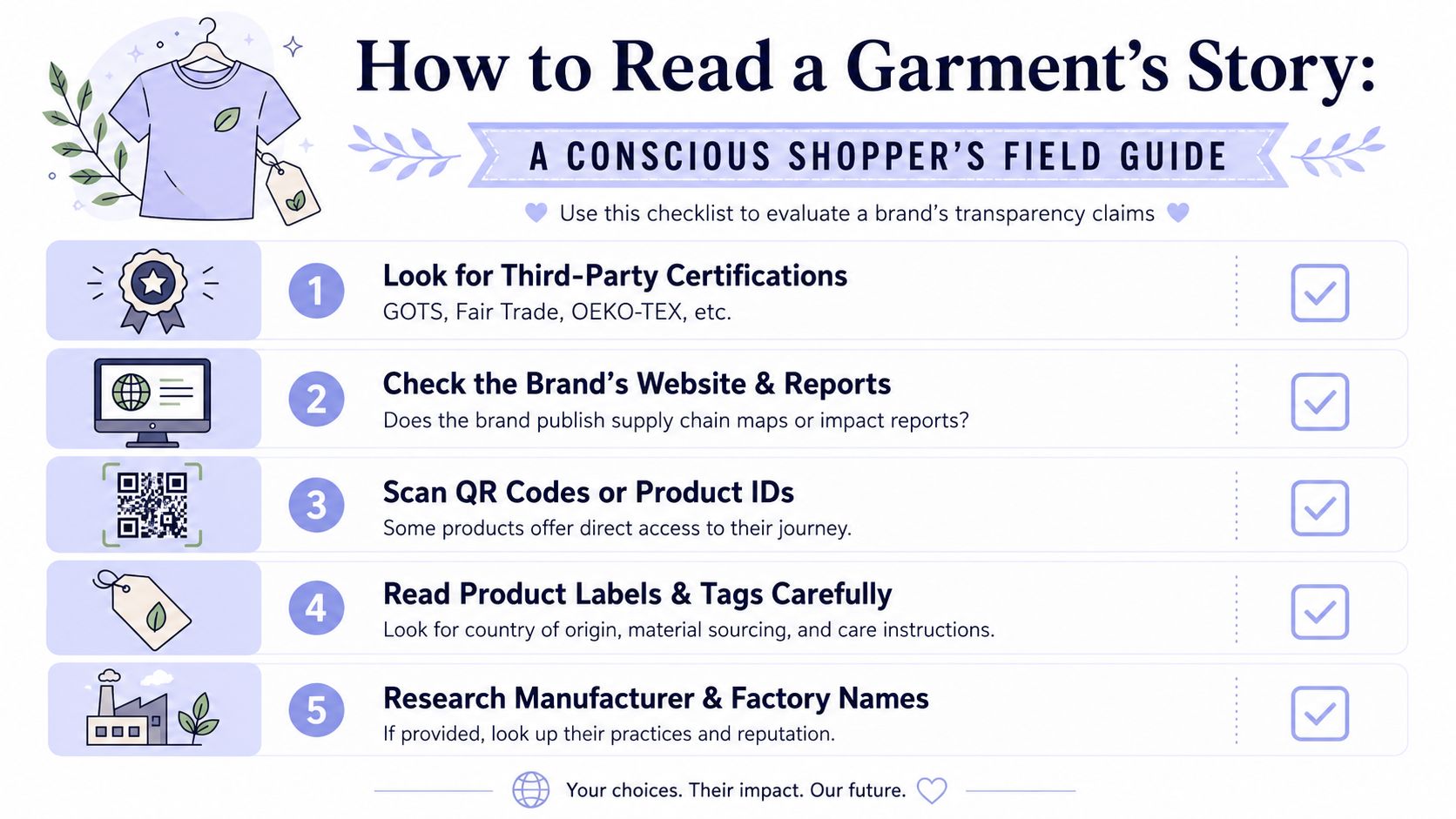 A five-step instructional guide on how consumers can evaluate garment brand transparency and sustainable fashion practices.
