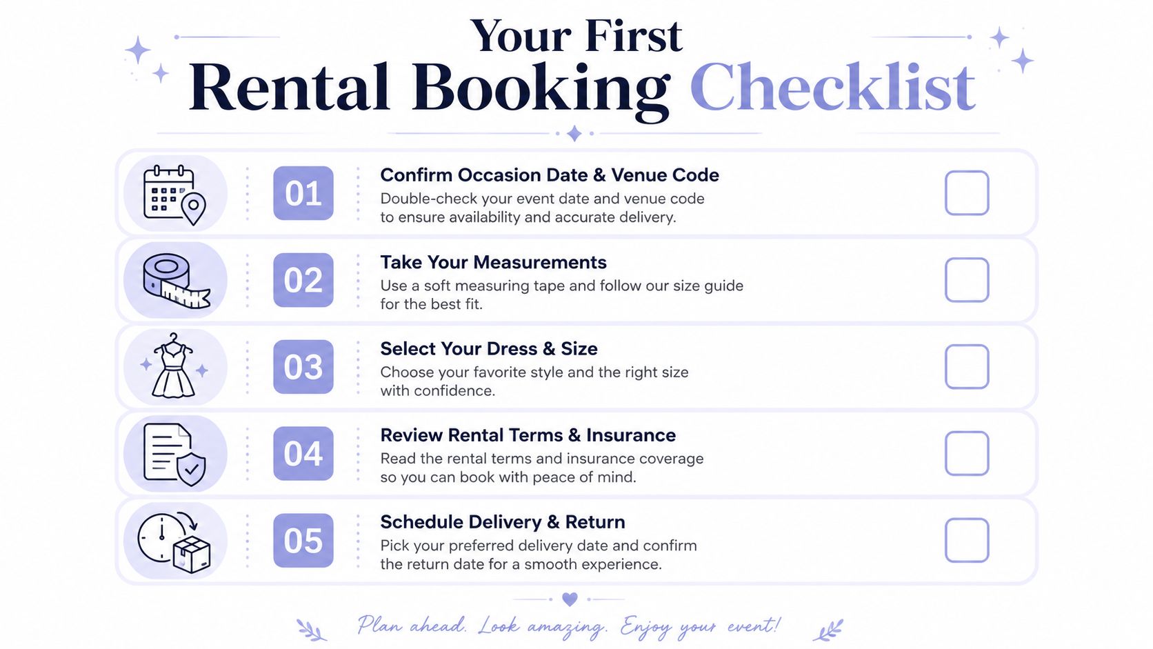 A five-step checklist titled Your First Rental Booking Checklist for planning a dress rental for an event.
