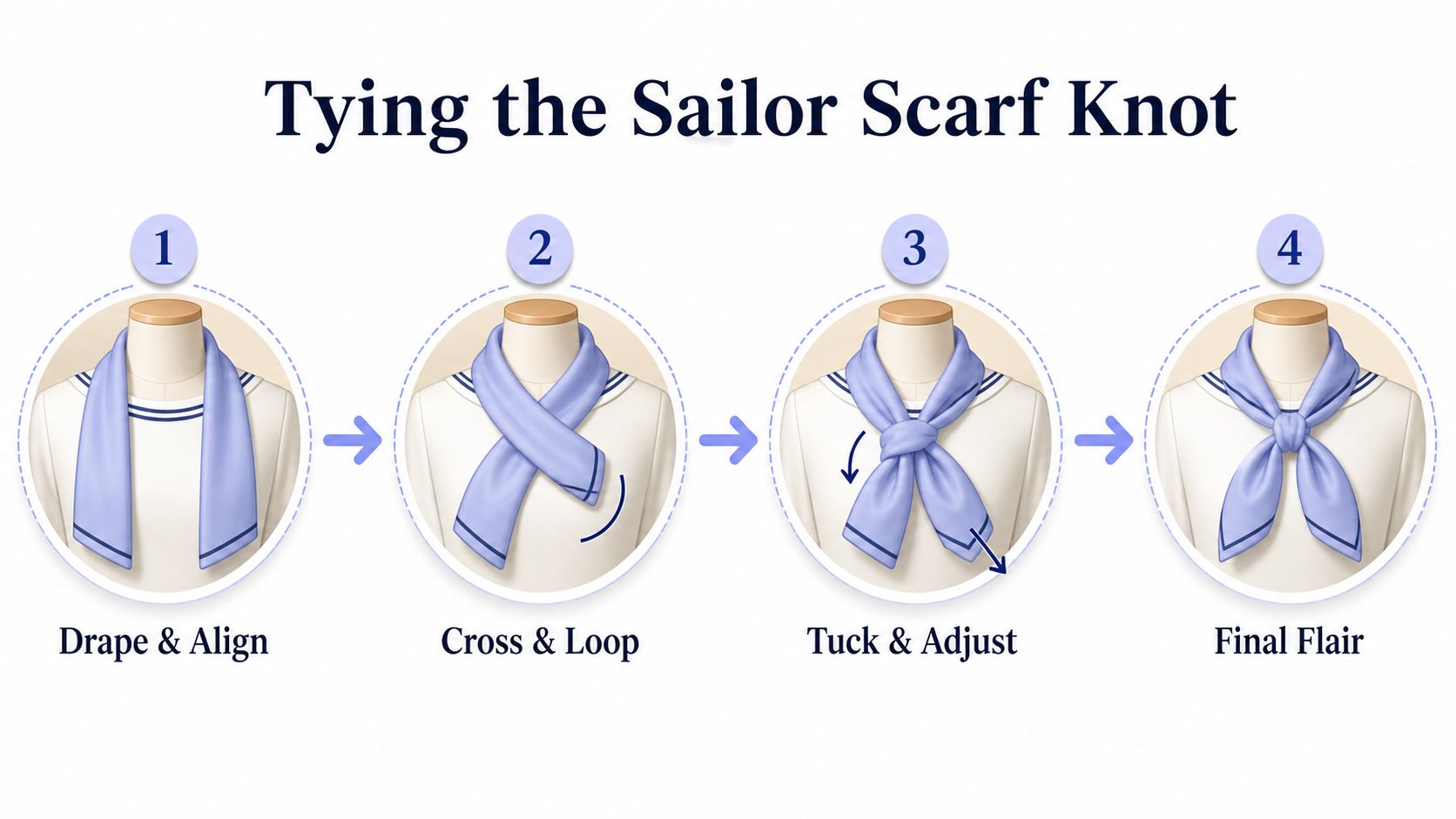 A four-step instructional diagram showing how to tie a sailor scarf knot around a mannequin's neck.