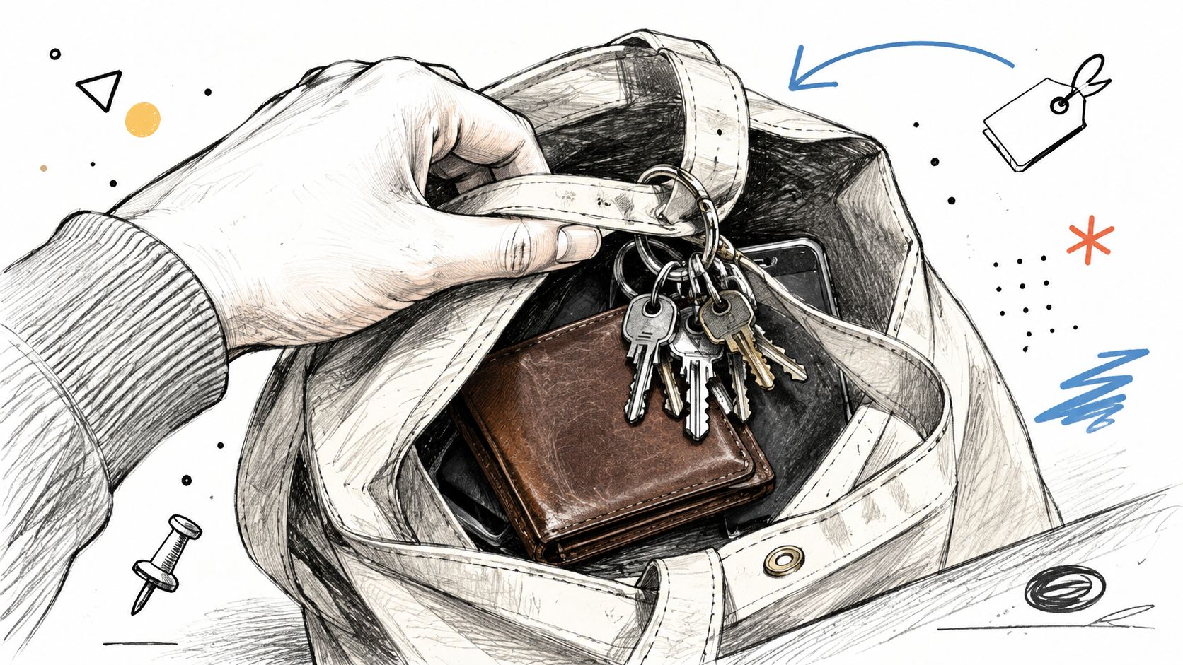 A hand reaching into a bag containing a brown leather wallet and a set of keys.