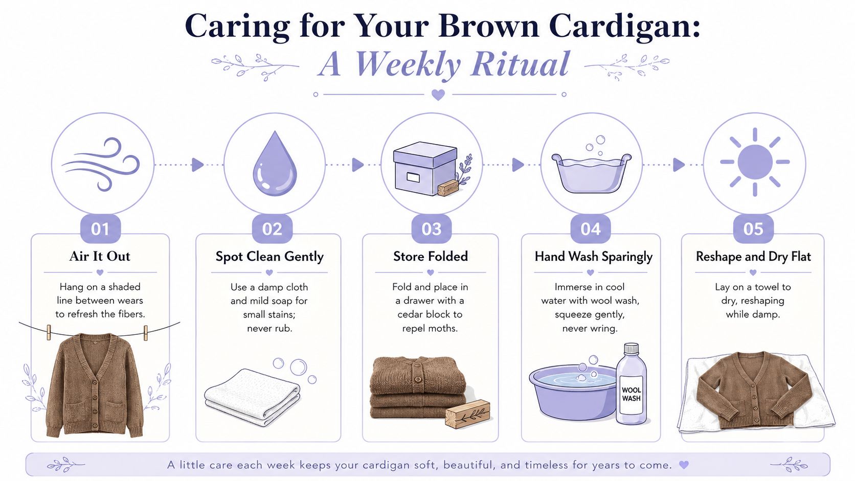 An infographic showing five steps for caring for a brown knitted cardigan, including airing, spot cleaning, and washing.