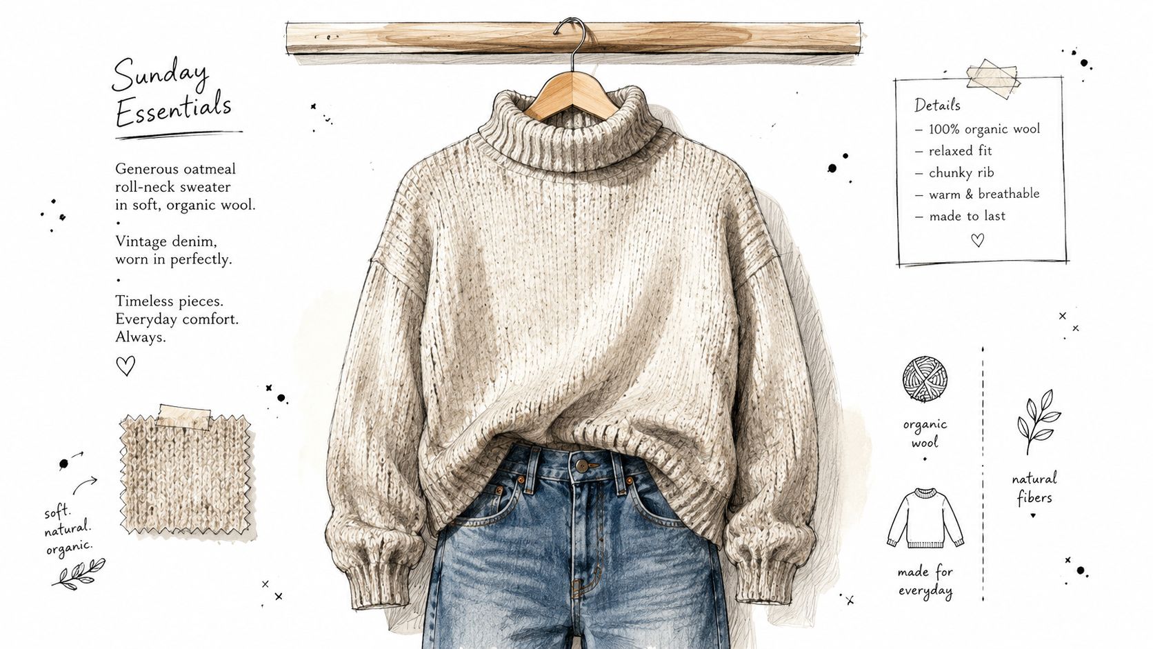 A hand-drawn illustration of a chunky oatmeal roll-neck sweater on a hanger with blue denim jeans.