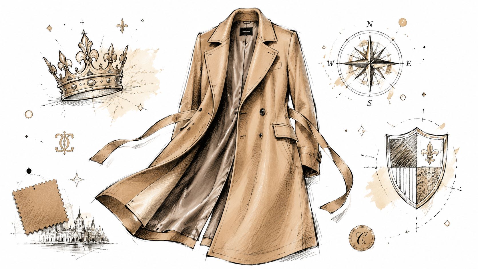 A detailed fashion illustration of a beige trench coat surrounded by vintage style sketches of symbols.