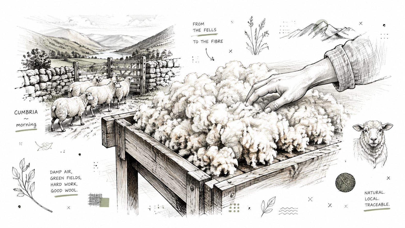 A detailed illustration showing sheep in a field and raw wool being processed on a wooden table.