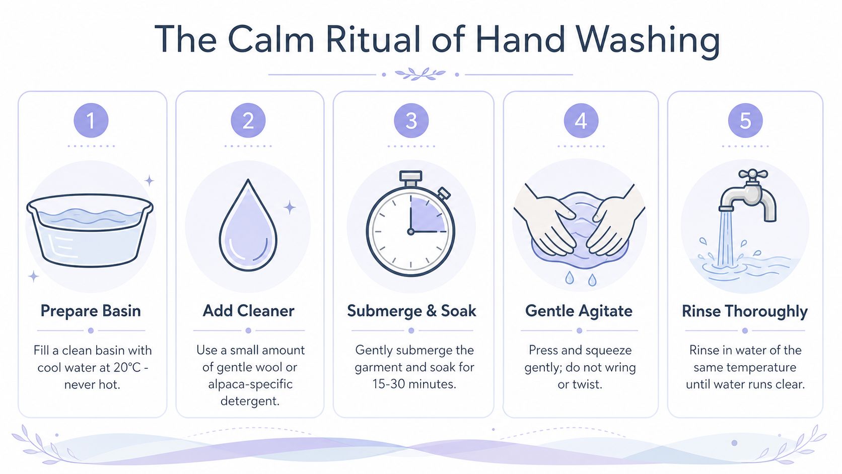 A five-step guide for hand washing delicate items like wool or alpaca sweaters in cool water.