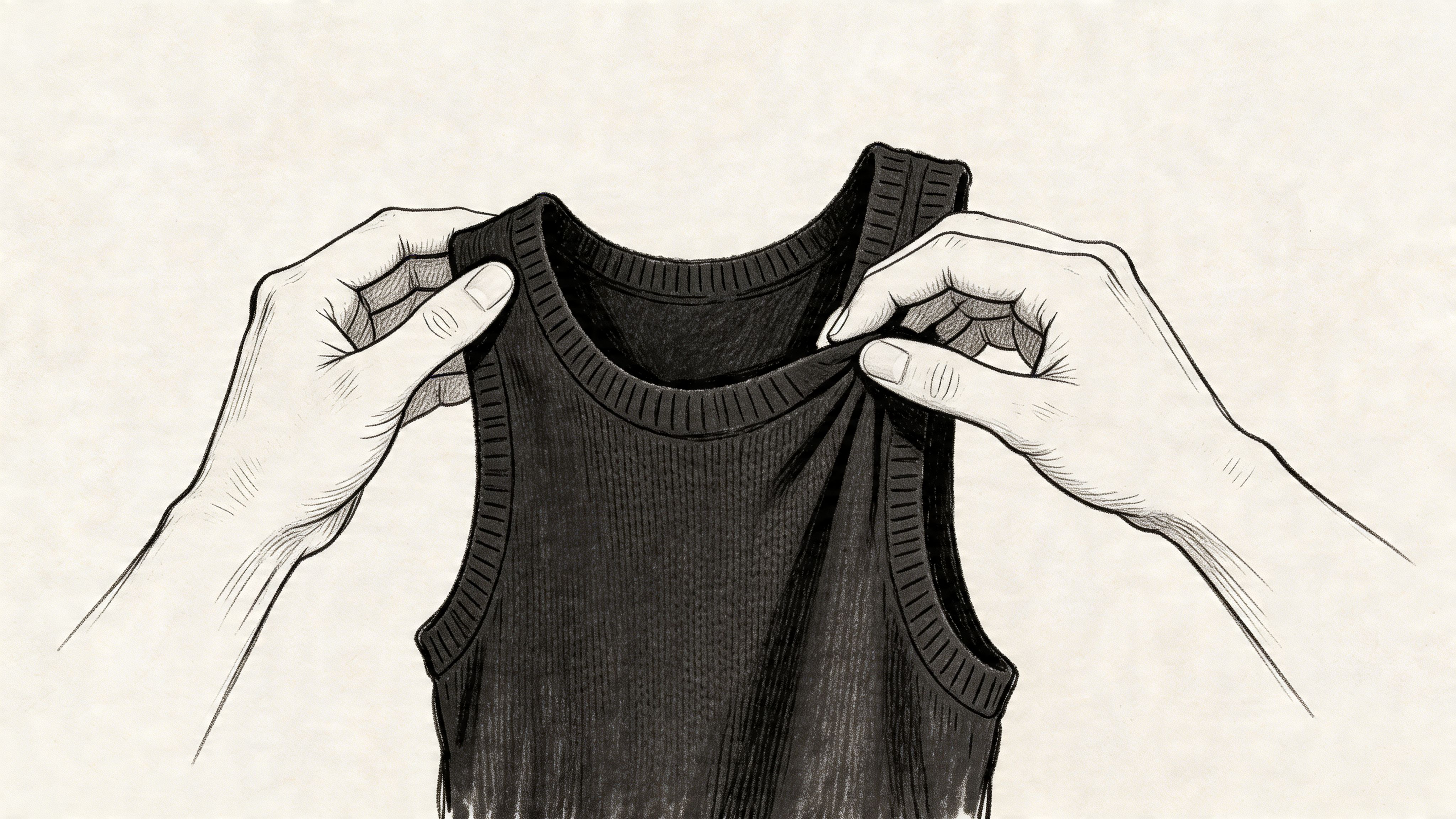 A charcoal drawing of two hands holding and examining the neckline of a black ribbed tank top.