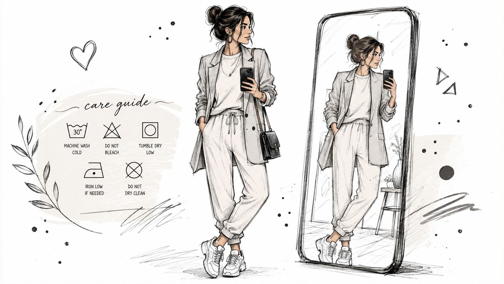 A stylish fashion illustration of a woman wearing a chic loungewear set with care instructions included.