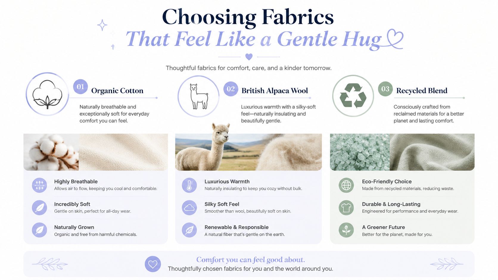 A graphic infographic highlighting the benefits of organic cotton, British alpaca wool, and recycled blend fabrics for comfort.