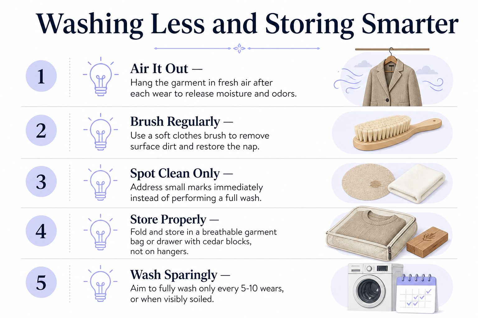 An infographic detailing five smart garment care tips including airing out, brushing, and washing sparingly.