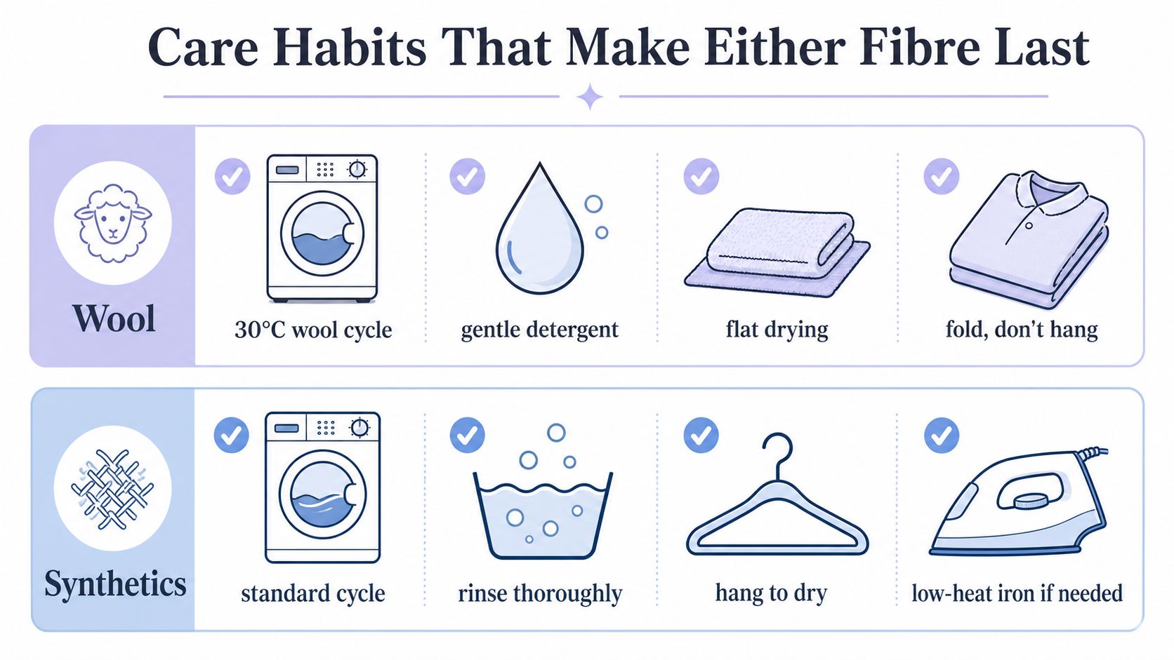 An infographic showing laundry care habits for washing and maintaining wool and synthetic fabrics separately.