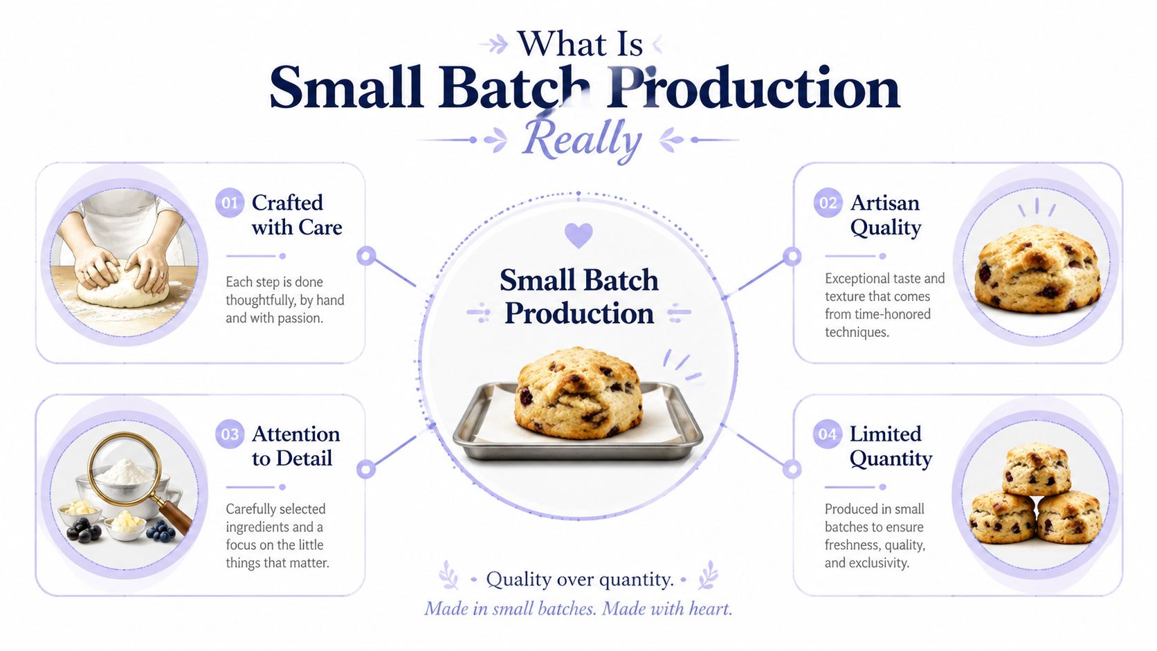 An infographic titled What Is Small Batch Production explaining the benefits of handmade artisan baking processes.