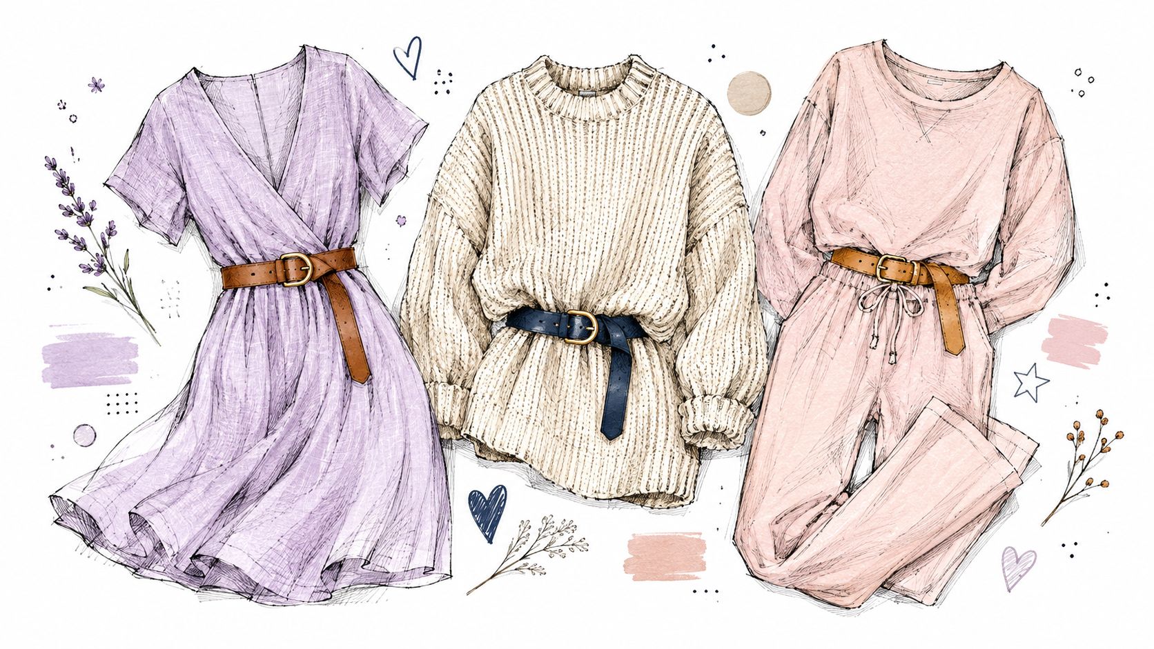 A digital illustration featuring three outfits styled with stylish d-ring belts, including a dress, sweater, and jumpsuit.