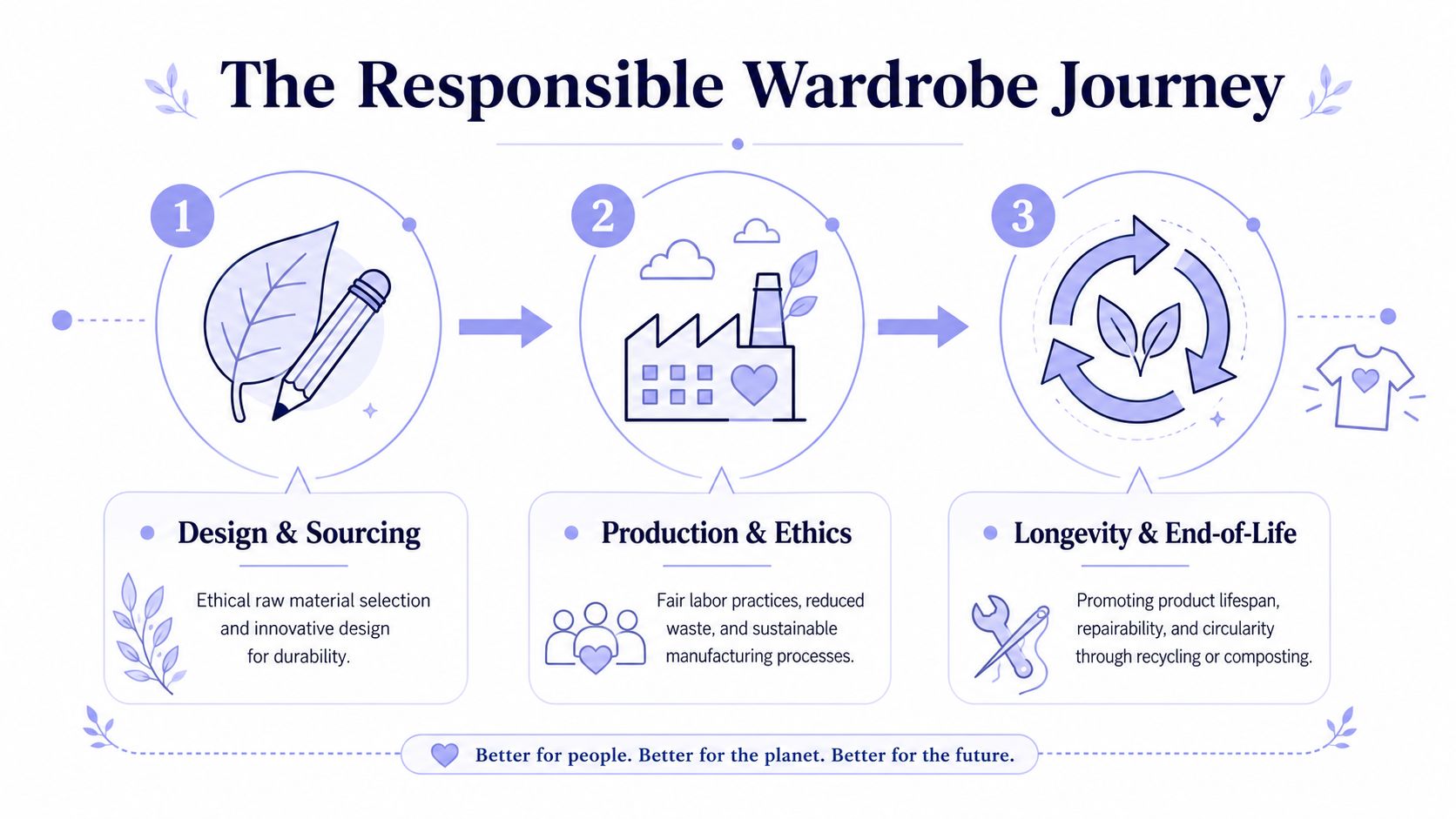 A three-step infographic titled The Responsible Wardrobe Journey, illustrating sustainable fashion practices from design to end-of-life.