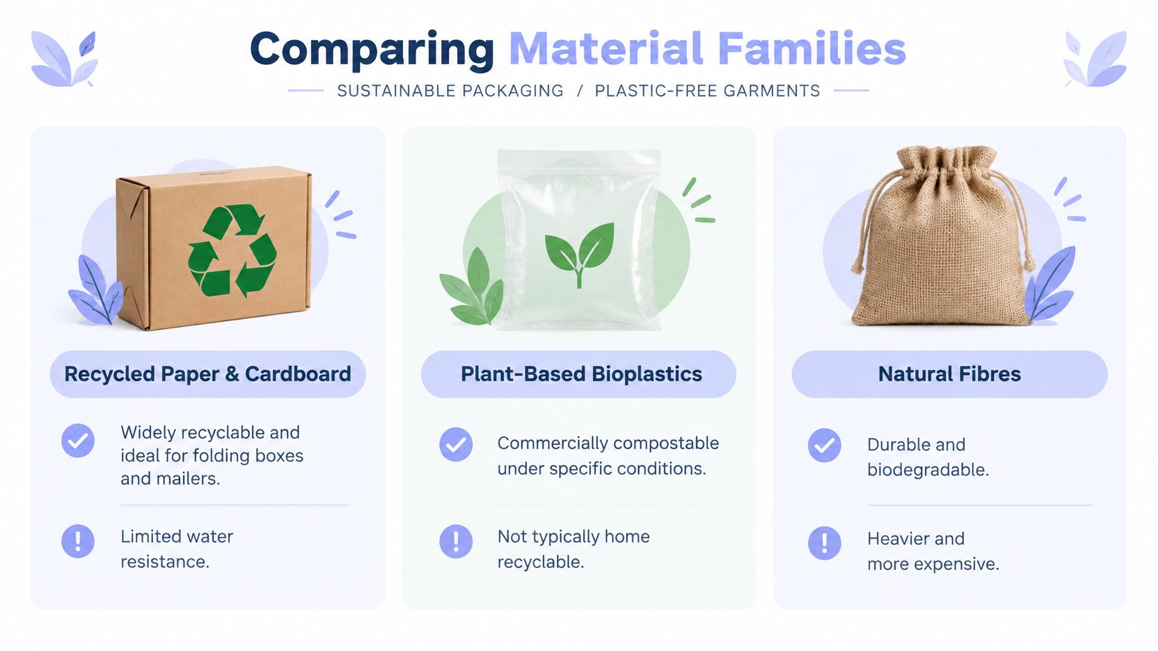 A comparison infographic showing features of recycled paper, plant-based bioplastics, and natural fibres for sustainable packaging solutions.
