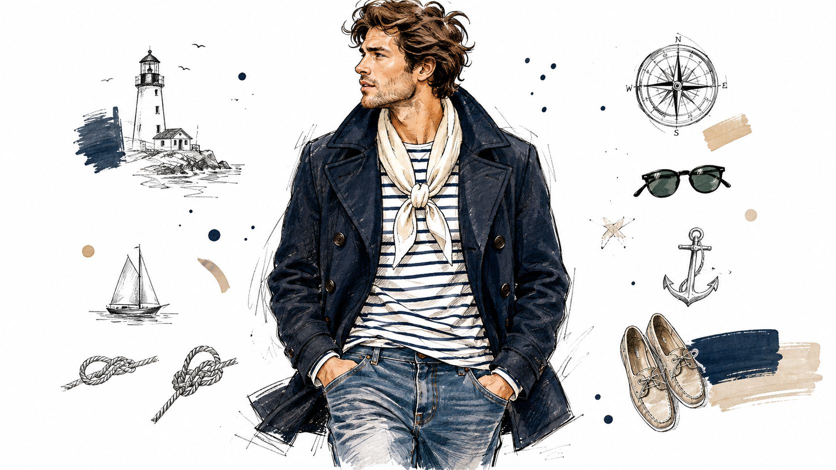 A stylish man wearing a navy pea coat, striped shirt, and scarf with nautical elements like a compass.