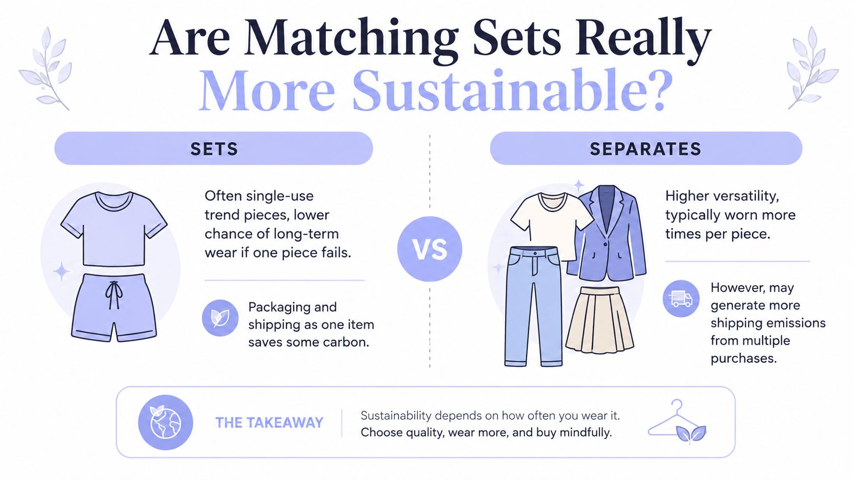 An infographic comparing the sustainability of matching clothing sets versus individual separates in terms of wearability and shipping.