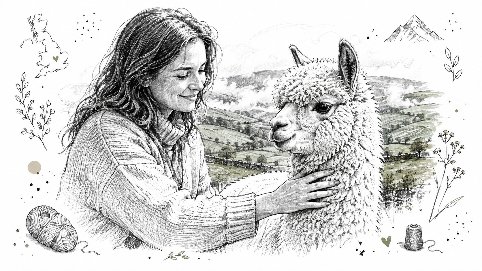 A pencil sketch of a woman gently petting an alpaca in a scenic countryside landscape.