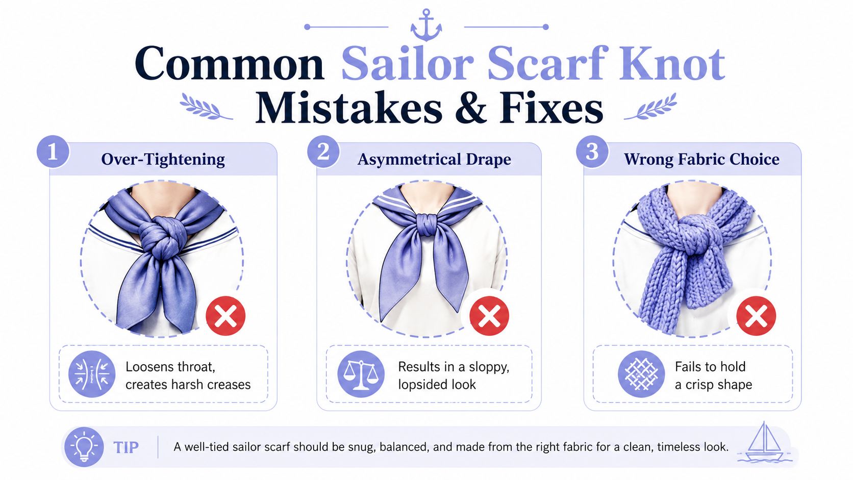 An educational infographic illustrating three common mistakes made when tying a sailor scarf, such as over-tightening.