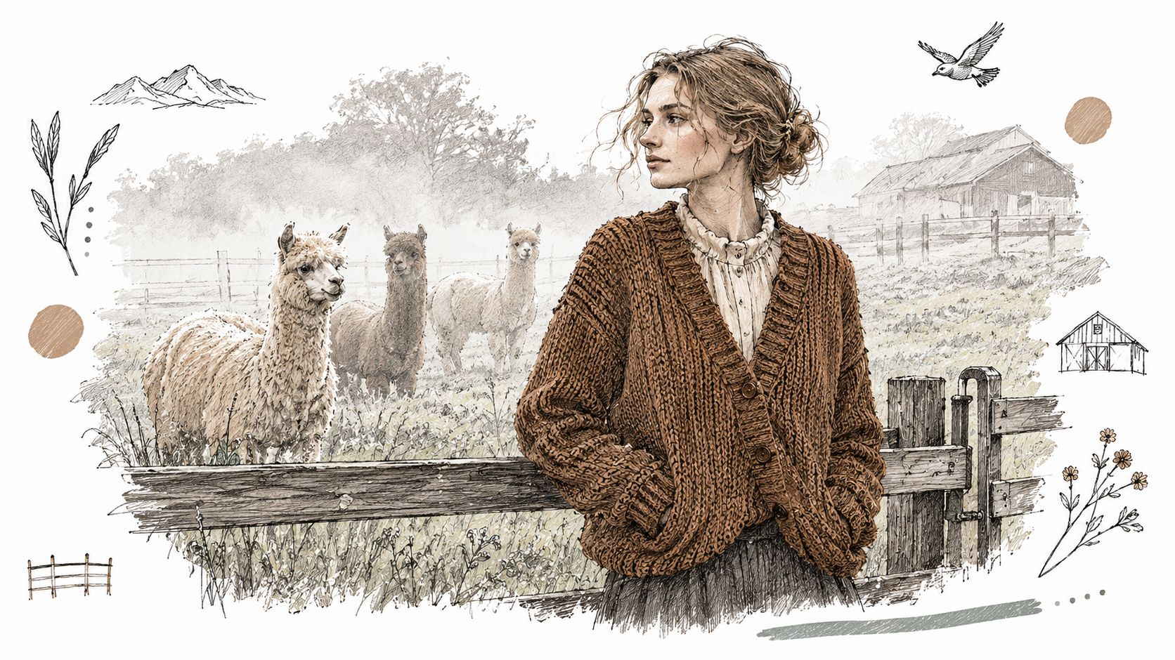 A woman wearing a brown knitted cardigan leans on a rustic fence near grazing alpacas on a farm.