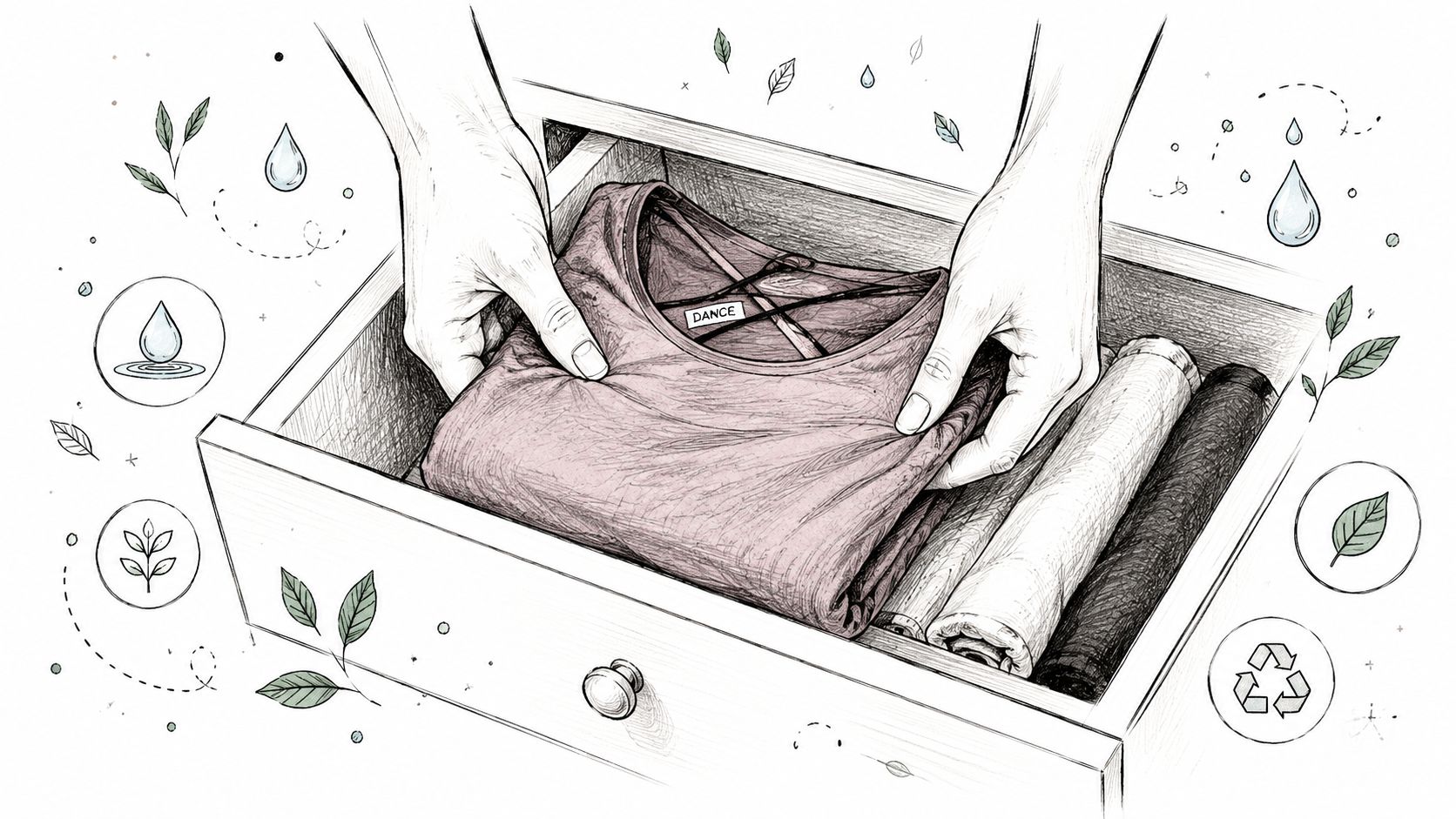 A line drawing of hands organizing a folded top labeled dance in a wooden dresser drawer.