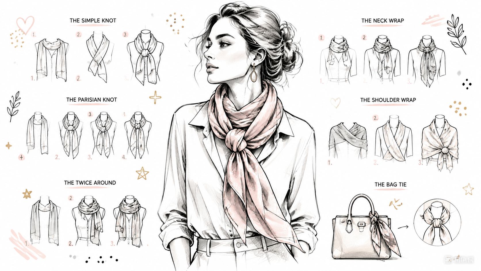 A detailed fashion illustration showing various step-by-step methods for tying and styling scarves on neck and bags.